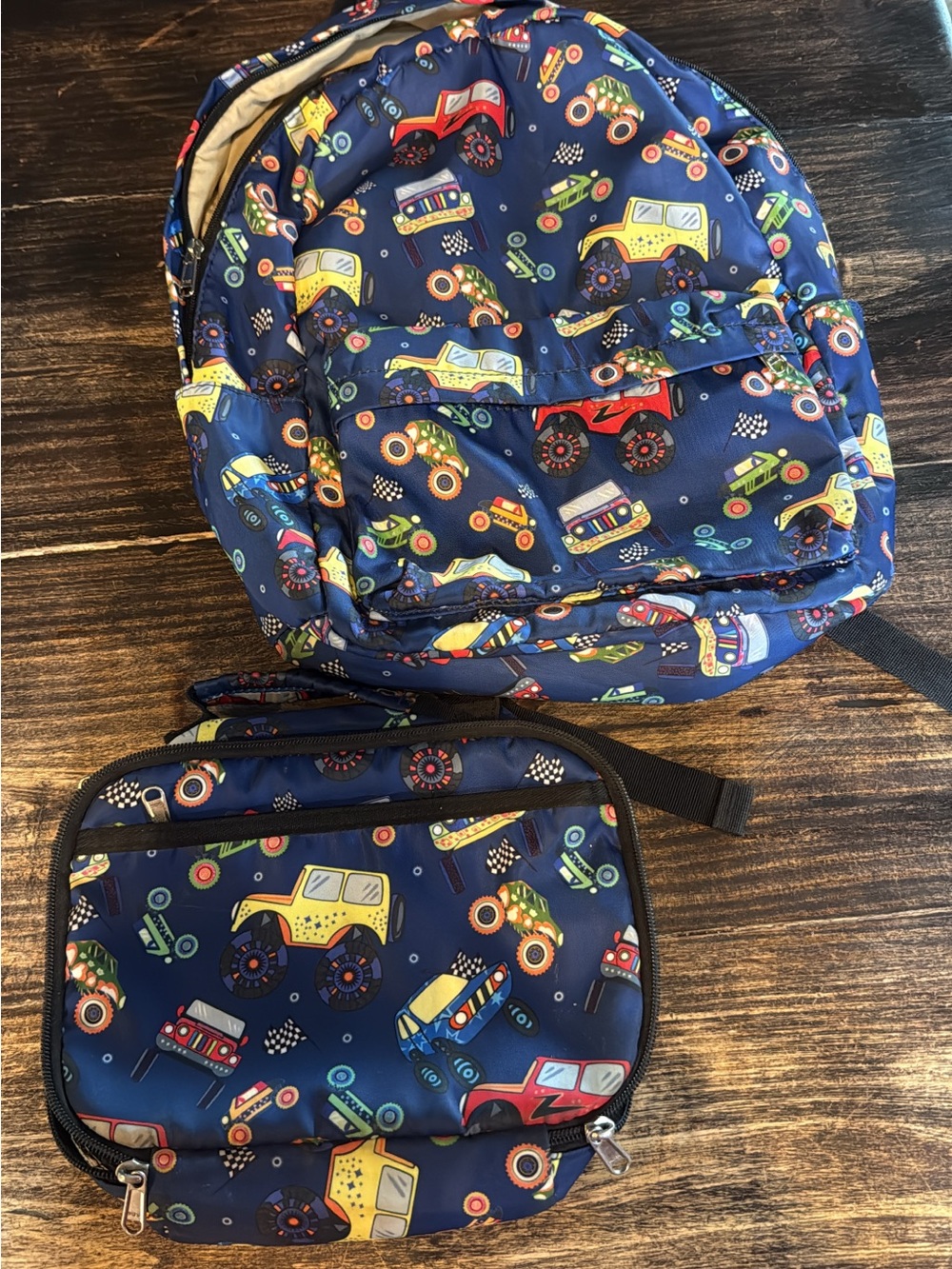 Kids Navy Blue Monster Truck Backpack and Lunch Bag Set